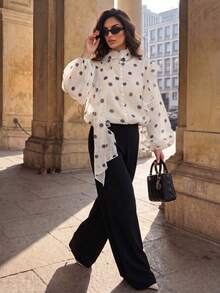 Vintage Polka Dot Print Blouse, Loose Chiffon Lantern Sleeve, Ruffle Trim, Sheer Button-Up Blouse, Street Style, Beach Vacation Summer White - White - View 3