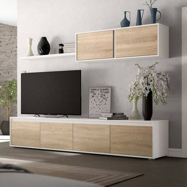 Miroytengo Conjunto de móveis modernos para sala de estar em carvalho canadense branco fosco, com painel para TV de 200 cm, módulo superior, prateleira, 4 portas, 2 portas adicionais, acabamento em melamina de alta qualidade, largura da TV 200x41x43 cm.