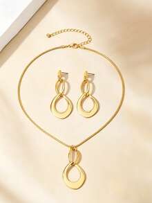 3pcs Premium Minimalist Geometric Hollow Ring & Water Drop Pendant Necklace Set, Elegant Women's Exquisite Jewelry Set Suitable For Parties, Fashion Evening Events, Outings, Dates And Daily Wear - Gold - View 4