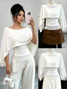 Top Elegante Feminina Branca com Decote Canoa e Manga Capa, Decorada com Detalhes de Renda em Contraste, Tecido de Malha, Ajuste com Elasticidade Média - Branco - Visão 2