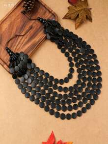 Handmade Multi-Layer Exaggerated Wooden Bead Necklace, Boho Style Bib Necklace For Women, Suitable For Beach, Party, Middle Eastern Formal Events - Black - View 5