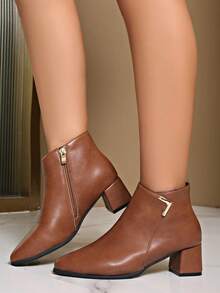 Women's Autumn/Winter Thermal Lined Ankle Boots, Warm Pointed Toe Chunky Heel Boots - Brown - View 6