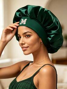 1 pieza Gorro de dormir de satén para mujer con letra personalizada 'A-Z' - Gorro elástico suave para cabello rizado & trenzado, sombrero de playa de verano & accesorio de ropa de dormir - Multicolor - Ver 3