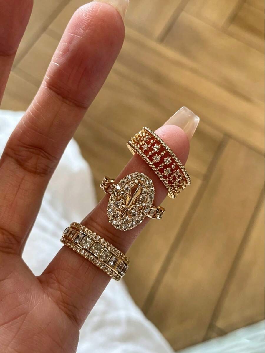 Juego de 3 anillos de moda de lujo elegante de alta gama con cadena hueca e incrustaciones de circonita cúbica, diseño único y elegante, adecuado para fiestas, banquetes y reuniones - Multicolor - Ver 1