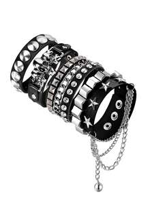 Xiacheng 1/3/4pcs PU Leather Rivet Punk Bracelet, Unisex Gothic Style Rivet Cuff Wristband, Adjustable Punk Rock Accessory For Halloween Party, Holiday - Black 3 - View 9