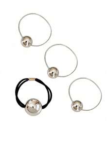 4pcs/Set Super Shiny Silver Spherical High Elasticity Rubber Band, Minimalist Premium Hair Tie, New Korean Style Ponytail Hair Accessory, Elegant Premium Ball Decoration Hair Tie, Women Princess Style Casual Hair Accessory, Photo Prop Hair Tie, Headwear, Fitness Sports Running Clothing Hair Tie, Outdoor Activities, Vacation, Travel, Clothing Accessories And Gifts - Regular Model - View 9