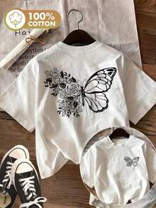 1 camiseta casual de manga corta de algodón puro para mujer, color blanco, corte holgado, estampado minimalista de mariposas y rosas a doble cara, ideal para un look veraniego y urbano. - Blanco - Ver 2
