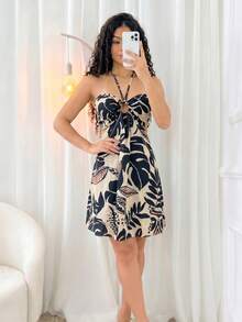 Romantic Short Black And Beige Halter Neckline Dress For Vacations Foreign Fashion Spring And Summer - 黑色和米色 - 查看 4