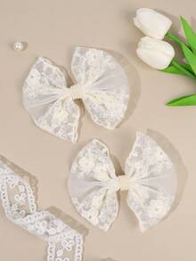 2pcs Beige Hair Bows For Young Girls Floral Lace Pearl Beaded Decor Alligator Clips Elegant Wedding Daily Hairclips Teens Hair Accessories - Beige - View 4