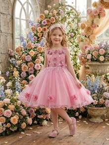 Vestido de niña de unicolor con malla & satén, flores 3D y mangas abullonadas, elegante vestido para fiesta de cumpleaños, adecuado para baile de graduación, diadema no incluida - Rosa - Ver 4