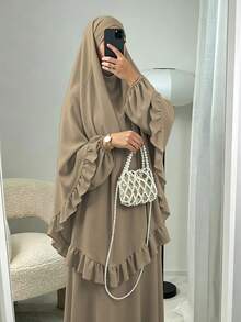Elegant Ruffle Detail Khimari Long Robe Set, Loose Plus Size Full Length Modest Women's Clothing, Suitable For Middle Eastern Women's Daily Casual Occasions - Multicolor - View 7