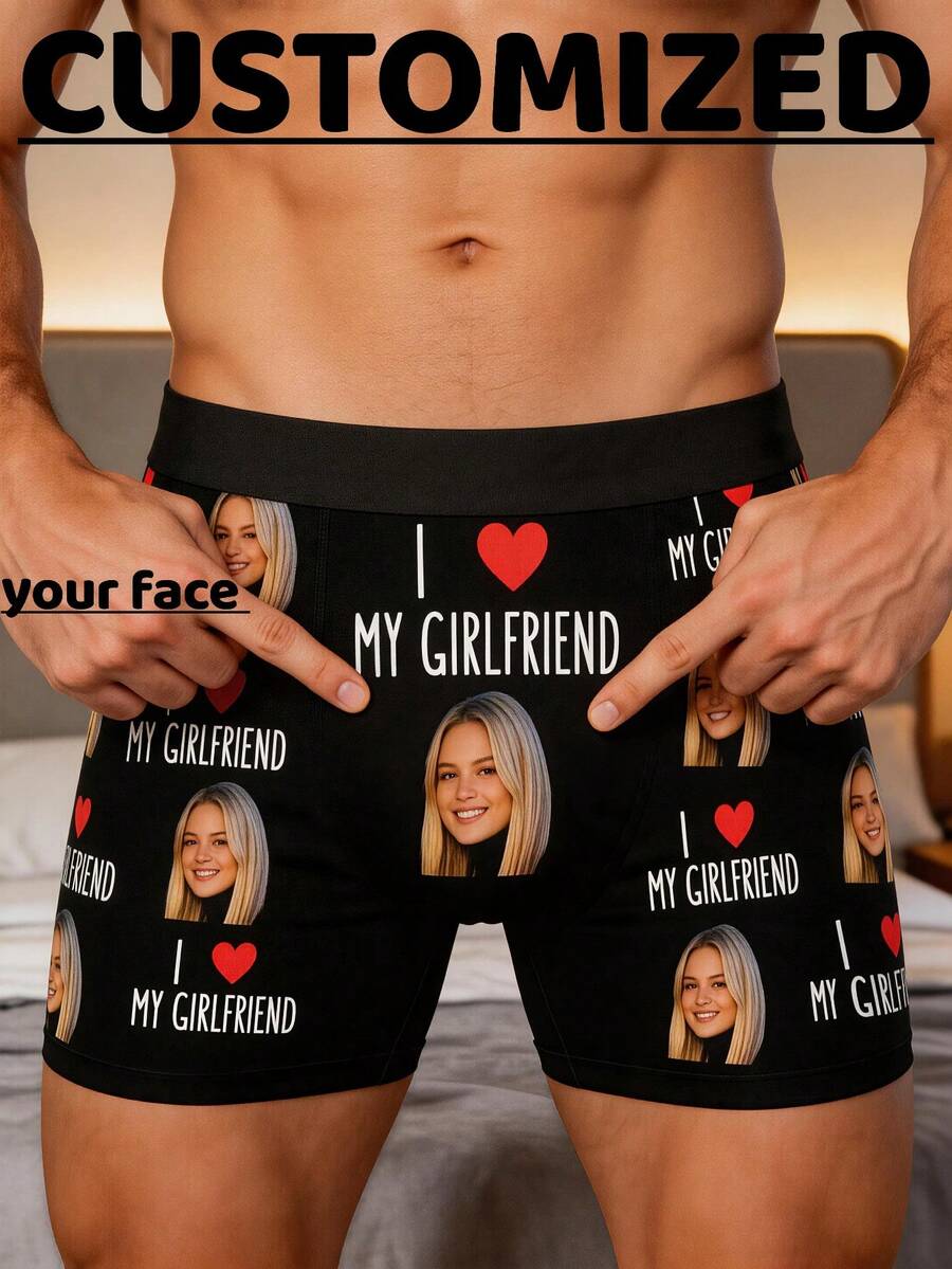1pc Men's Black Soft Elastic Custom Printed Boxer Briefs, Casual Personalized Gift Style, Suitable For Valentine's Day - Black - View 1
