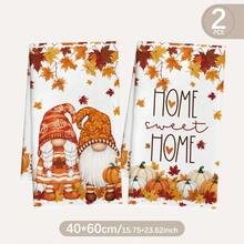 MEMNUN 2 Pcs Cartoon Autumn Couple Gnome Pumpkin Maple Leaf Printed Pattern Kitchen Towels Dish Cloths Super Fine Microfiber Polyester Material Home Sweet Home Cozy Home Decor Hand Towels Thanksgiving Home Fabric Hanging Towels Home Decor, Kitchen Decor, Fall Decor Suitable For Restaurant Kitchen Home Decor And Gift Giving 40*60cm/45*70cm - Multicolor - View 2