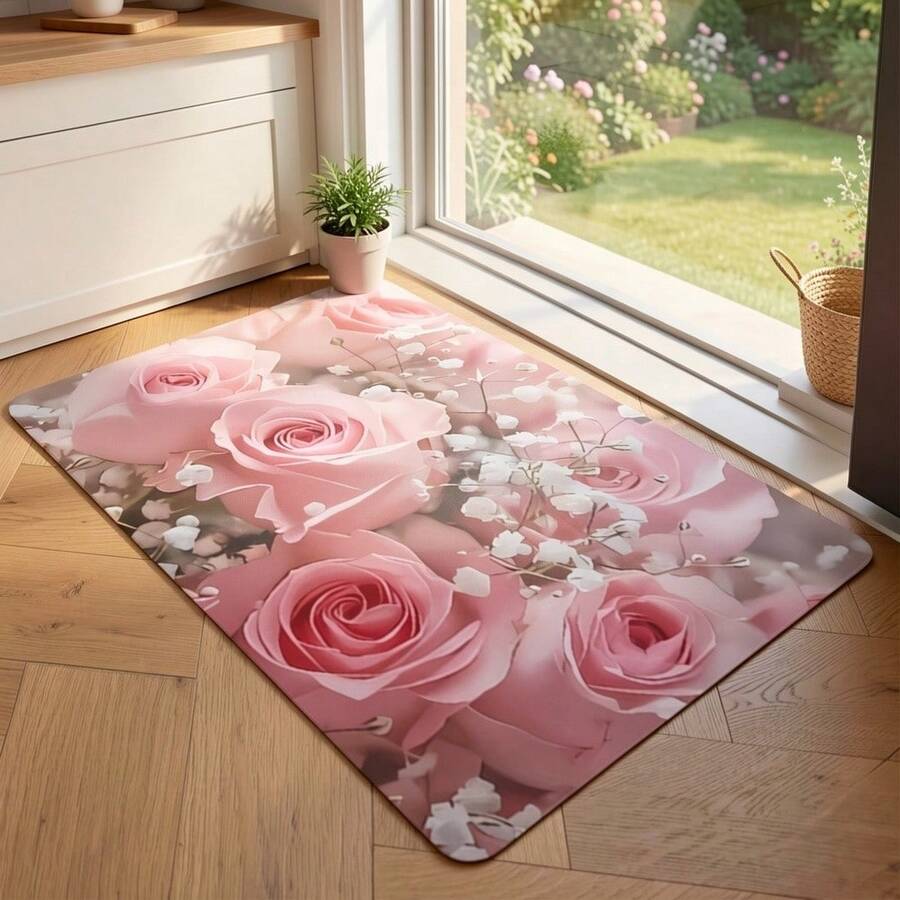 1 PC, Pink Rose Living Room Carpet, Floral Pattern Indoor Rug, Suitable For Entryway, Hallway, Bedroom, Living Room, Laundry Room, Washable Decorative Carpet, Suitable For Living Room, Bedroom, Entryway, Kitchen, Study, Bathroom Decorative Carpet, Door Mat, Small Rug, Welcome Mat, Carpet, Rug, Outdoor Door Mat, Kitchen Carpet, Home Decor