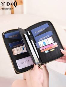 MIYIN RFID 防盜護照夾 拉鍊旅行錢包 可收納 4 本護照，附卡槽、登機證收納袋、腕帶，文件收納夾 - 彩色 - 查看 3