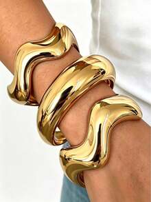 1/3PCS Women's Gold Asymmetrical Geometric Bracelet Set, Niche Personalized Minimalist Style, Fashionable Luxury High-End Bracelet Set Suitable For Holiday Gifts, Daily Commute, Party, Vacation Wear - Multicolor - View 1