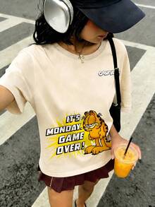 SHEIN | Garfield Women's Beige Tee, Small Chest Logo Pixel Grumpy It's Monday Game Over Slogan Print Loose Short Sleeve - Apricot - View 6