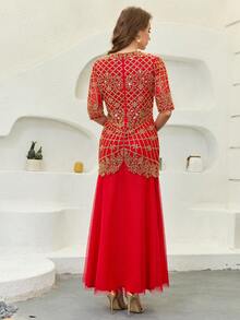 JINLICX Vestido de noche de lujo rojo y dorado con cristales, cuentas y bordado para boda y banquete - Rojo - Ver 6