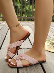 Sandalias planas tipo slide para mujer con decoración floral de strass, punta cuadrada, punta abierta, de meter sin cordones, chanclas de moda para playa de verano - Rosa - Ver 3