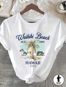 Waikiki Beach Hawaiian Surf Pattern Print| Fashionable Casual Short Sleeves,Summer Style,Round-Neck Women's T Shirt - 白色 - 查看 1