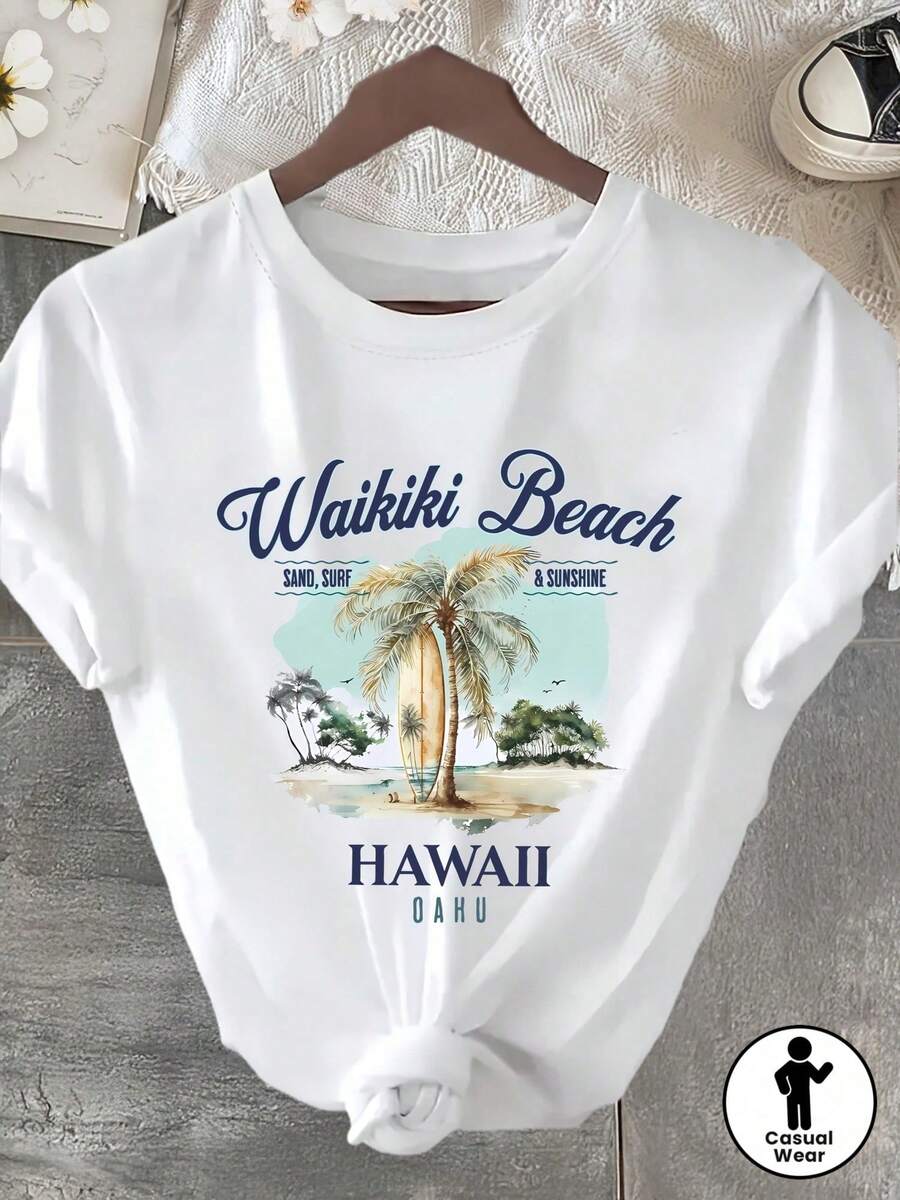 Waikiki Beach Hawaiian Surf Pattern Print| Fashionable Casual Short Sleeves,Summer Style,Round-Neck Women's T Shirt - 白色 - 查看 1