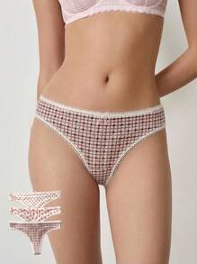 Aesletic 3 piezas Tanga de tiro bajo con detalle de lazo dulce, ropa interior con encaje suave y cómoda - Multicolor - Ver 1