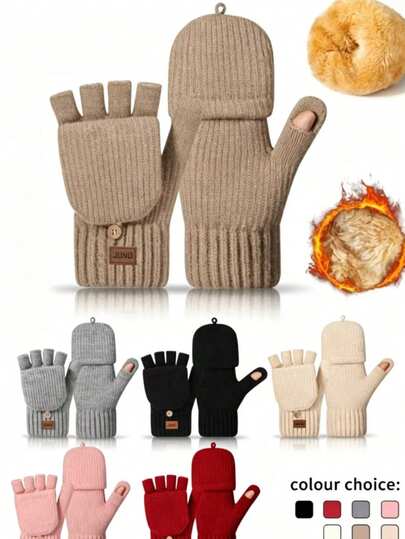 1 paire de gants d'hiver pour femmes à double couche doublée thermique, épais, avec rabat tactile et motif message, en tricot avec étiquette en cuir corne de cerf, gants de mode anti-froid