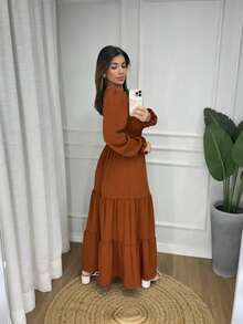 Women's Long Dress With Long Sleeves And Elastic Back - Terracotta - View 2