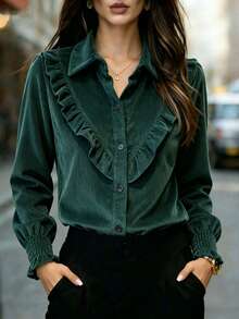 Women's Corduroy Solid Color Office & Home Shirt - Dark Green - View 1