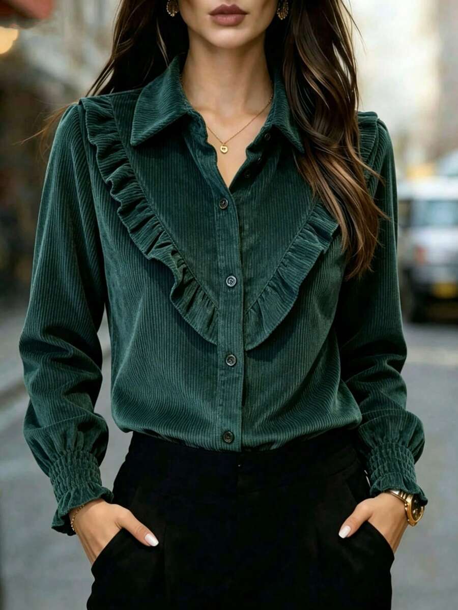 Women's Corduroy Solid Color Office & Home Shirt - Dark Green - View 1