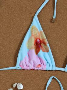 Women's Light Blue Patchwork Tropical Floral Bikini, Halter Tie Sexy Beach Vacation Two Pieces Swimsuit, 2026 Spring/Summer - Multicolor - View 4