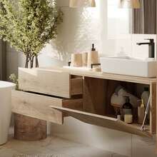 Space Saving Floating Wall Bathroom Vanity 140*53*37.5cm, Handleless Narrow Bathroom Storage Cabinet With Fluted Door & 2 Drawers, Damp Resistant Wall Mount Bathroom Unit Oak Light Gray For Apartment Small Washroom - Multicolor - View 10