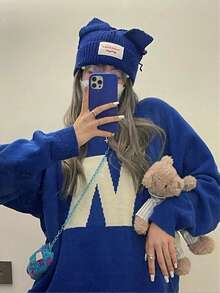 [Y6Y]Women's Klein Blue Knit Pullover Sweater, Autumn/Winter High-End Slouchy Letter Print Fashion Top - Blue - View 5