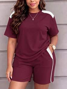 Spring Summer Autumn Women's Casual Round Neck Short Sleeve Top And Shorts Set, With Pockets, Slightly Elastic Fabric Elegant - Wine Red 29 + White - View 3