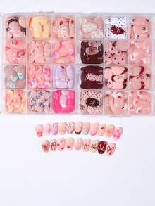 576pcs/Box (24 Mixed Styles) Short Oval Flower & Bow Nail Stickers, Short Acrylic Nail Stickers, Full Coverage False Nails With Storage Box, Suitable For Women & Girls Daily Life And Parties - 彩色 - 查看 4