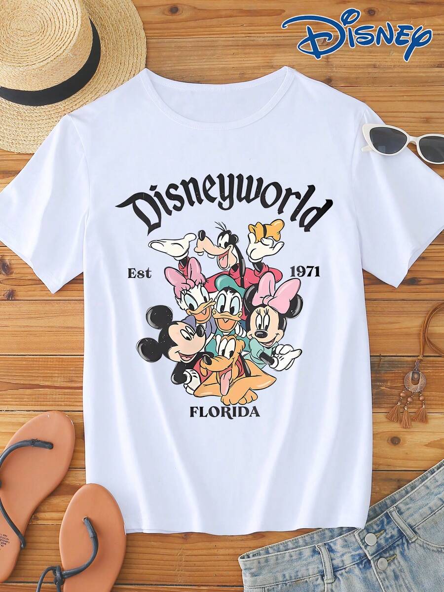 Disney 1件男士短袖T恤,寬鬆版型,可愛米老鼠與米妮鼠及好友卡通圖案印花,圓領,微彈性 - 白色 - 查看 1