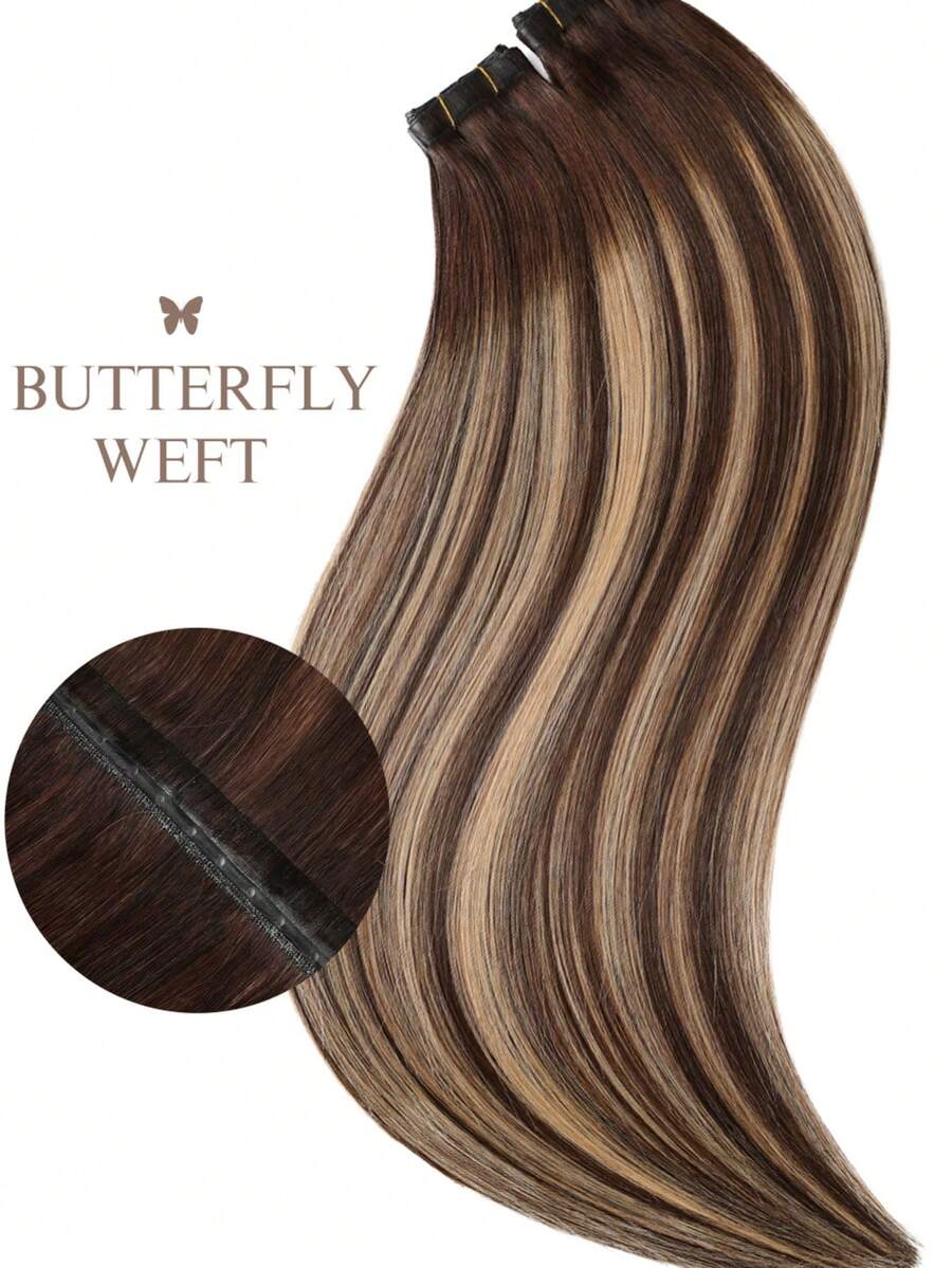 Ombre Honey Blonde Butterfly Weft Hair Extension Pattern Human Hair Seamless PU Hair Extensions Silk Straight #4/27/4 Balayage Color Highlight Blonde Invisible Genius Weft Micro-Loop Extensions - S4/27/4 - View 1