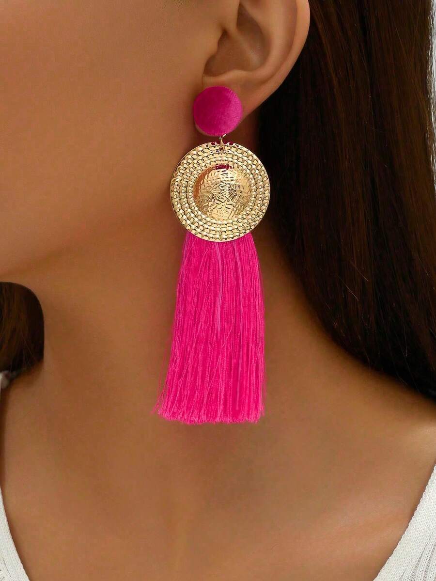 1 Pair Women's Vintage Elegant Oversized Exaggerated Tassel Earrings, Fashionable Versatile For Daily Wear - Hot Pink - View 1