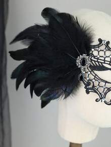1pc Halloween Gothic Style Women's Peacock Feather Rhinestone Lace Mask, Suitable For Masquerade Ball And Cosplay - Black - View 6