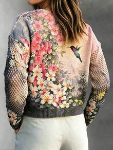 Curve Plus Size Vintage Floral Hummingbird Print Sweater Women Hollow Out Mesh Long Sleeve Crew Neck Loose Casual Knit Jumper - Multicolor - View 3