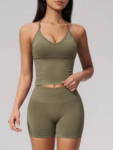 NcmRyu Setelan Olahraga Wanita Satu Set Warna Polos Model Y-Back dengan Gesper Logam yang Dapat Diatur, Tali Bahu Tipis, dan Pinggang Tinggi Bergaris - Olive Green - View 7