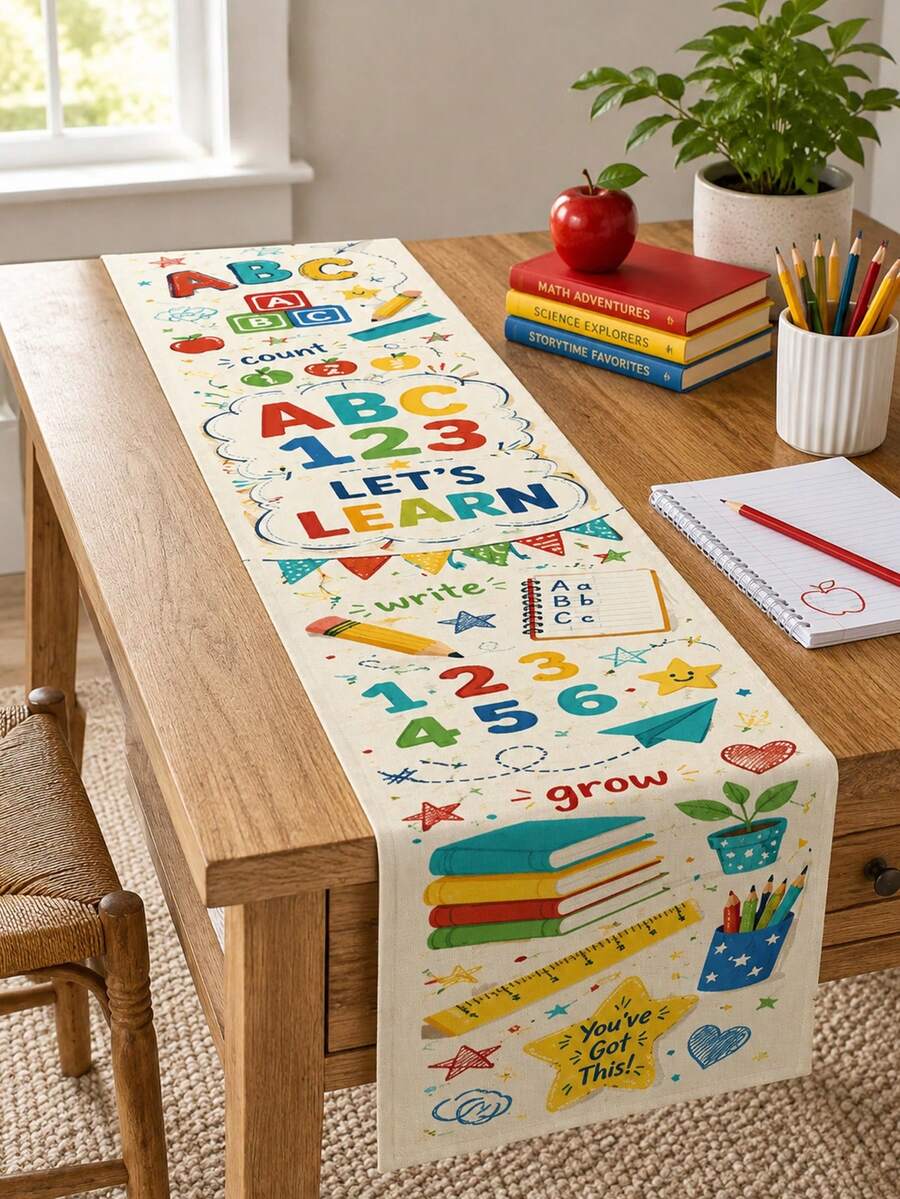 1pc Back To School Table Runner, ABC 123 Let's Learn Letters Numbers Pencil Books Stars Print, Educational Classroom Decor, Suitable For Study Desk And Dining Table, Teacher Gift, First Day Of School Seasonal Tablecloth Decoration