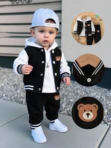 Baby Boy Cartoon Print Baseball Collar Warm Sweatshirt And Pants Set - Black - View 1