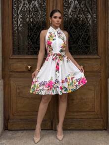 Women Botanical Floral Print Halter Shirt Dress Rhinestone Collar Sleeveless Self Tie Belt A-Line Swing Mini Dress Vacation SundressDaily Casual - Multicolor - View 5