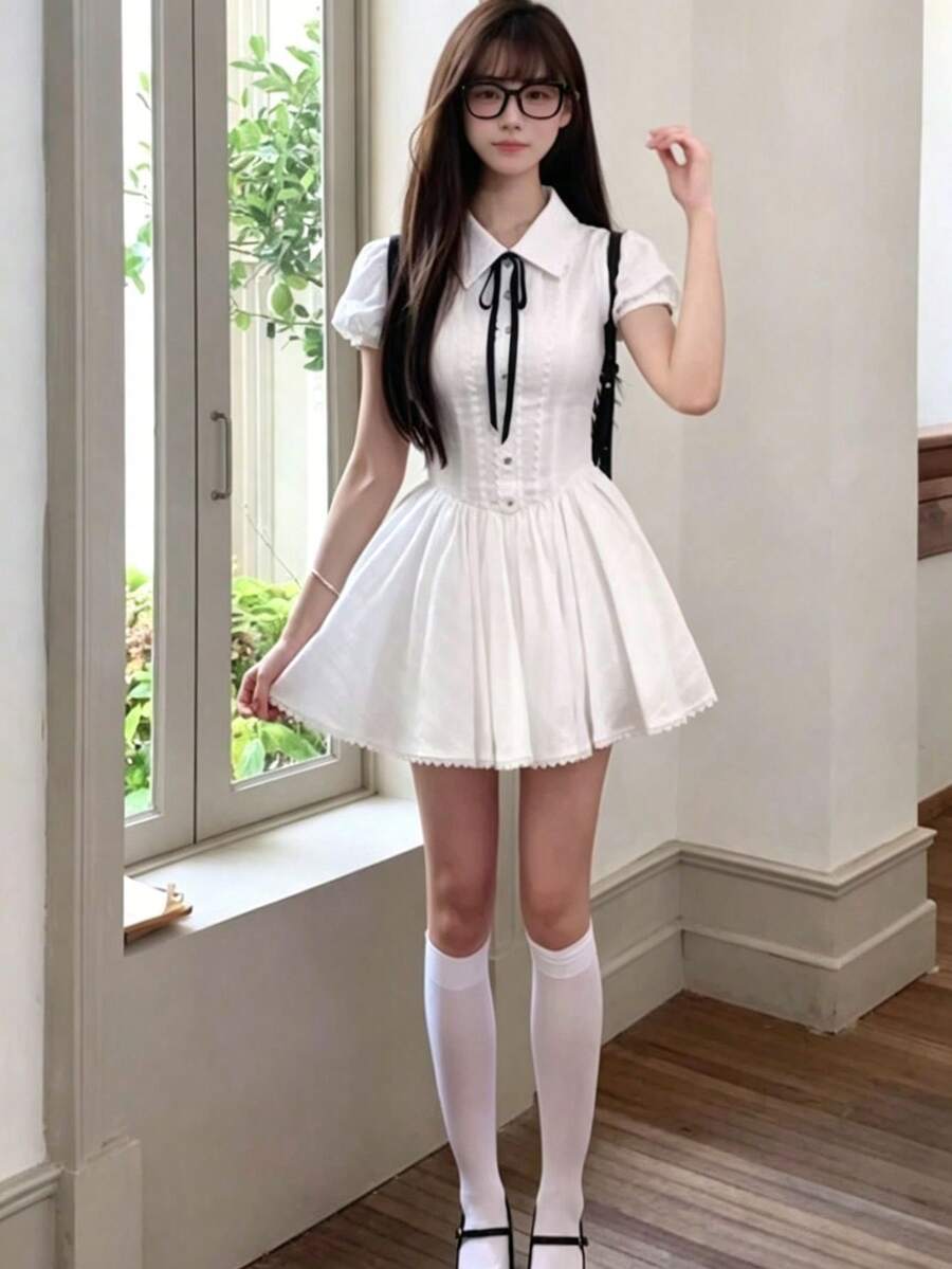 [Spring/Summer New Arrival College JK Outfit] Polo Collar Shirt Dress With Waist-Cinching Pleated A-Line Mini Skirt - Sweet And Spicy Design Slimming - White AH17-2 - View 1