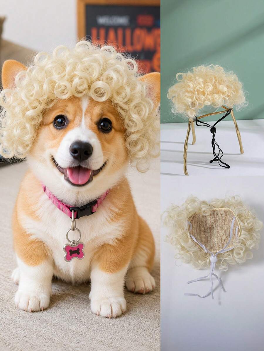 6 Inch Pale Blonde Tight Curly Pet Wig Soft Synthetic Fiber Adjustable Ribbon Dog Costume Wig Halloween Party Cosplay Accessory For Small Medium Puppy - Multicolor - View 1