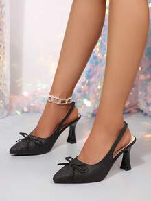 Sandalias de tacón alto con punta fina para niña, verano 2026, diseño de lazo con strass y correa trasera, tacón delgado elegante que realza la forma de la pierna, parte superior exquisita y única, ajuste cómodo sin rozaduras, suela blanda para estabilidad y durabilidad, adecuadas para citas, fiestas, desplazamientos, compras diarias y múltiples ocasiones, varios estilos disponibles para crear un ambiente refinado - Negro - Ver 3