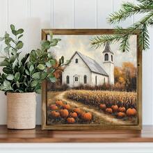 Rustic Farmhouse Wooden Frame Wall Art Sign - 8x8inch White Church With Cornfields And Golden Border, Autumn Harvest Tabletop Or Hanging Decoration, Suitable For Country Home Decor, Thanksgiving And Christmas Decoration, England Countryside Scene - 8*8 Inches (20*20cm) - View 4
