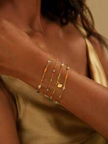 VceTd 4PCS/1PC Vintage Style Colorful Beaded Adjustable Stainless Steel Women's Bracelet Set, Suitable For Daily Wear, Layering Or Summer Gift For Friends - Yellow Gold - View 5