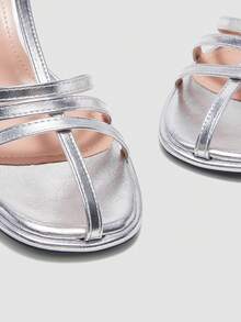 Women's Silver High Heel Pumps, Thick Heel Open Toe Party Heels, Wedding Shoes 7cm, Formal Dress Shoes, Slip-On Pointed Toe Sandals - Silver - View 5